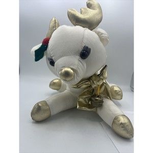 Vintage Christmas Nylon Rudolph Reindeer Plush Holly Gold Parachute White